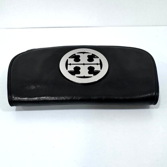 TORY BURCH Reva Black Leather Clutch Convertible Bag Silver Chain Strap - Picture 9 of 14